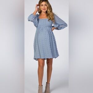Pinkblush Light Blue Textured Dot Smocked Square Neck Chiffon Maternity Dress